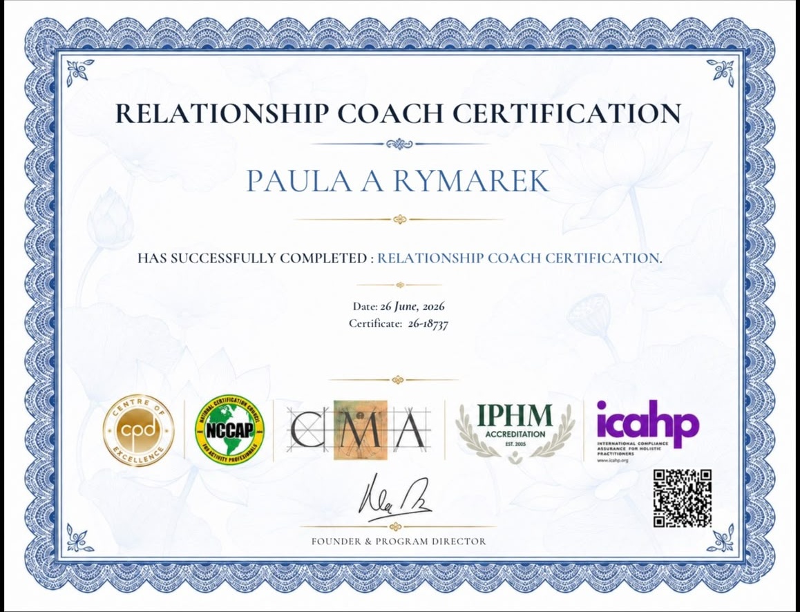 Paula Rymarek's certified relationship coach certificate